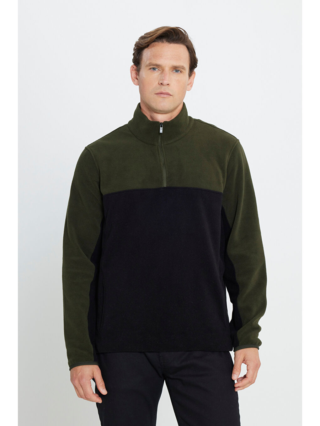 Erkek Haki-Siyah Standart Fit Dik Yaka İçi Polarlı Çift Renk Polar Sweatshirt-2