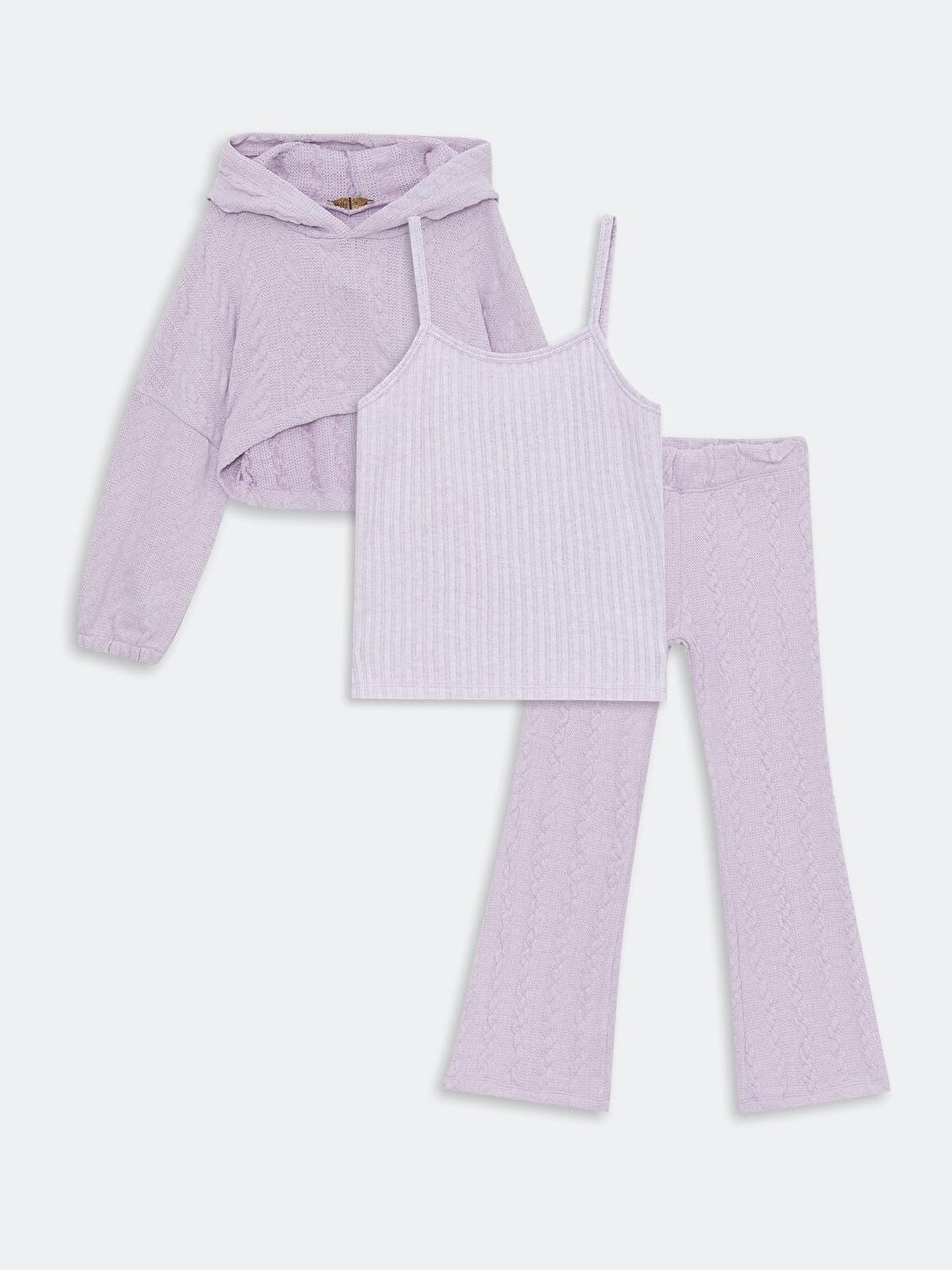 Lila Kız Çocuk Triko Kapüşonlu Üç Parça Takım