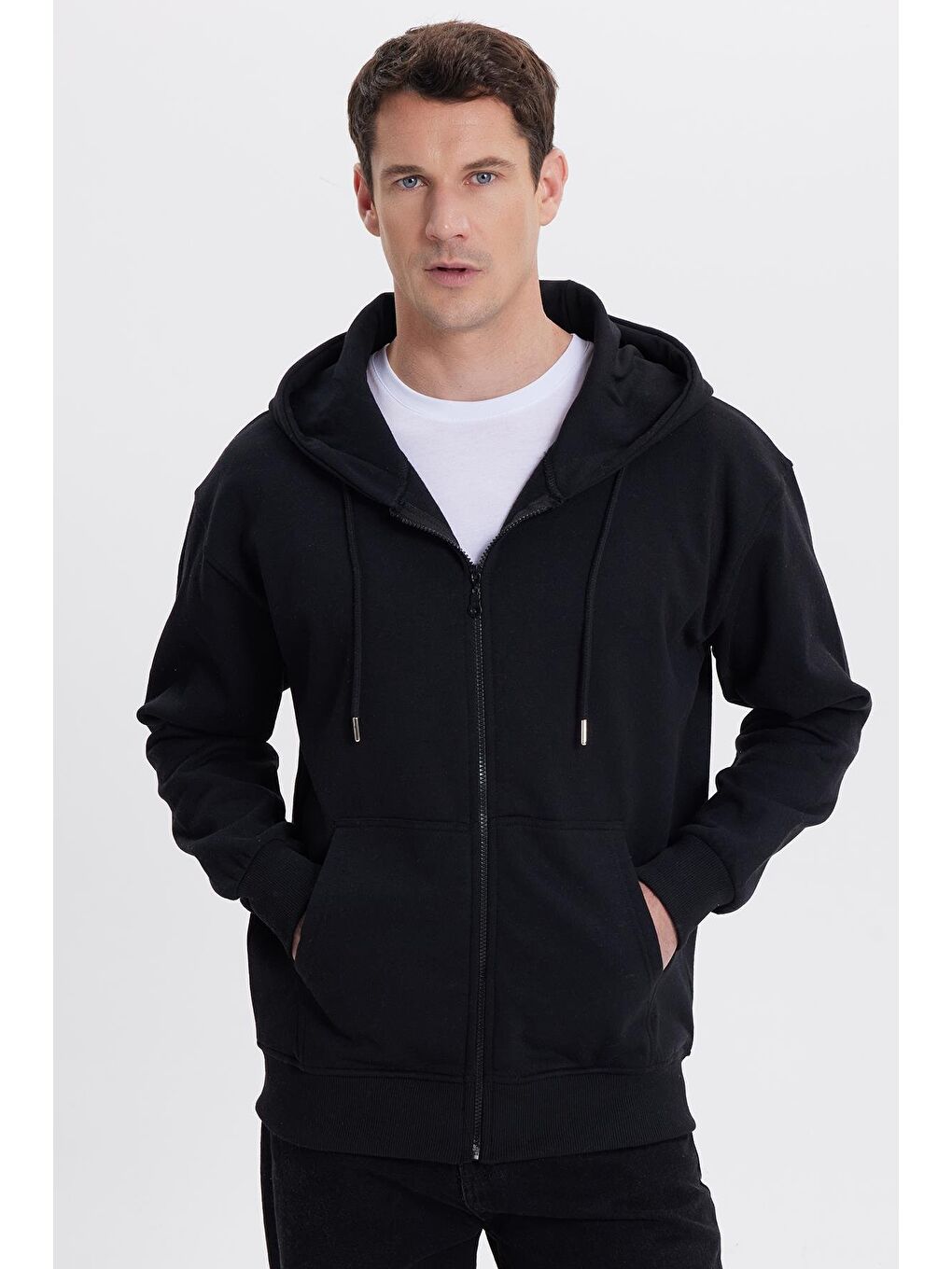 Erkek Relax Fit Rahat Kesim Pamuklu Tam Fermuarlı Kanguru Cepli Sırt Çantalı Siyah Sweatshirt
