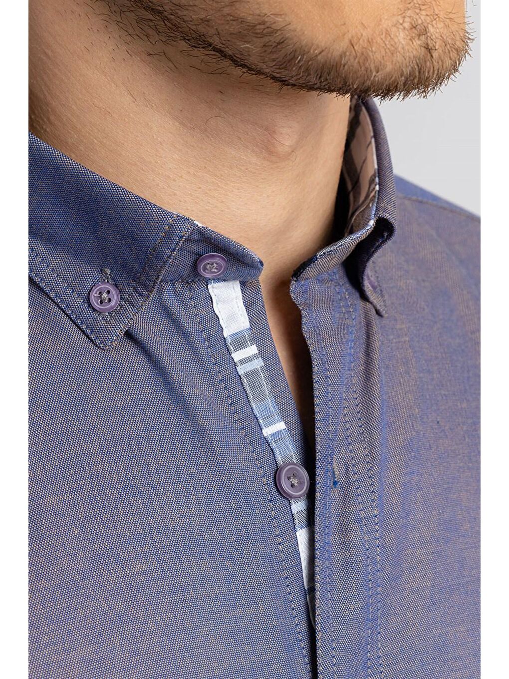 Erkek Slim Fit Dar Kesim Uzun Kollu Pamuklu Oxford Doku Kolay Ütülenebilir Mavi Düğmeli Yaka Gömlek-2