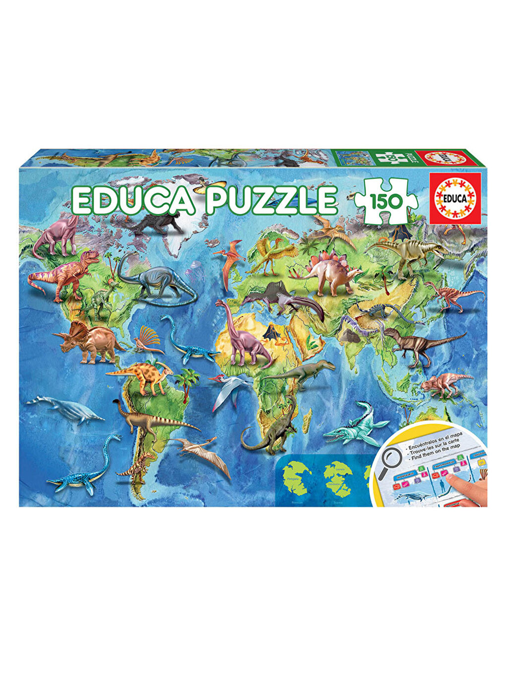 Educa Renksiz Puzzle 150 Parça Dünya Haritası Dinozorları 18997