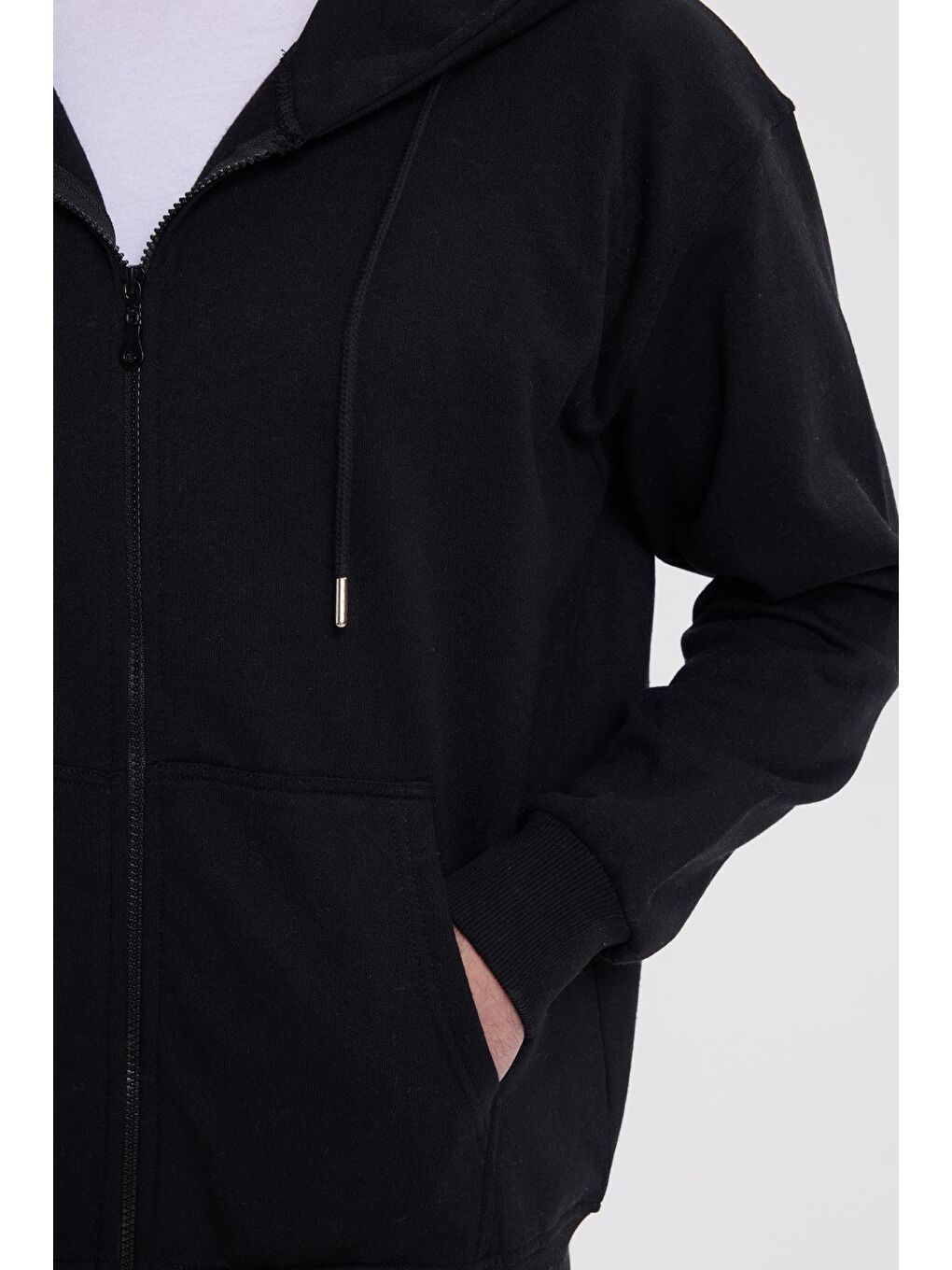 Erkek Relax Fit Rahat Kesim Pamuklu Tam Fermuarlı Kanguru Cepli Sırt Çantalı Siyah Sweatshirt-2
