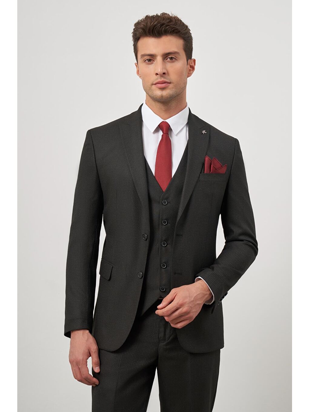 Siyah Kılıç Yaka Yelekli 6 Drop Slim Fit Classic Takım Elbise 1001245153-4