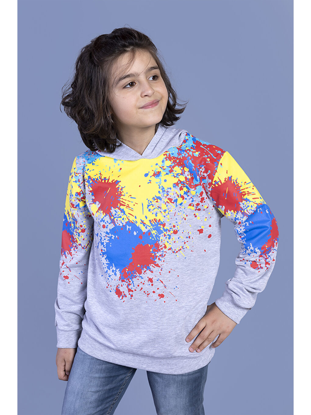 Toontoykids Gri Melanj Erkek Çocuk Kapüşonlu Renkli Püskürtme Baskılı Sweatshirt