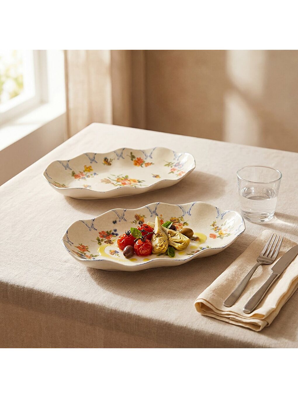 Ekru Nesrin Çiçek Desenli 24 cm 2li Porselen Kayık Tabak Seti-1