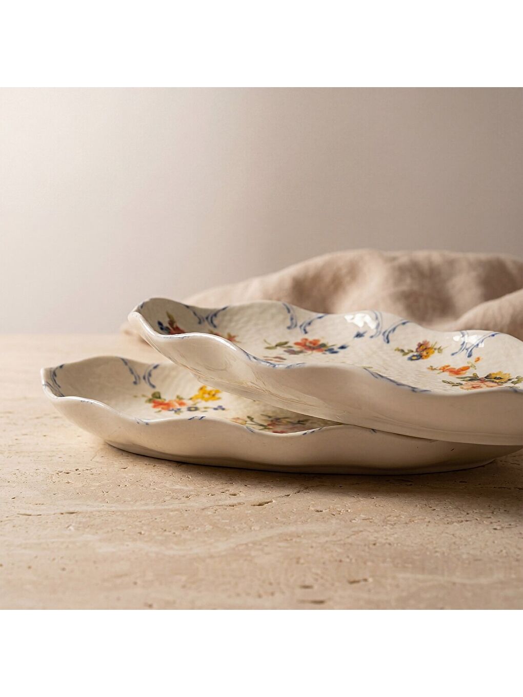 Ekru Nesrin Çiçek Desenli 24 cm 2li Porselen Kayık Tabak Seti-2