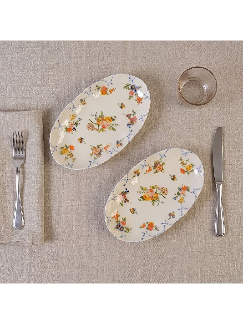 Ekru Nesrin Çiçek Desenli 24 cm 2li Porselen Kayık Tabak Seti-3