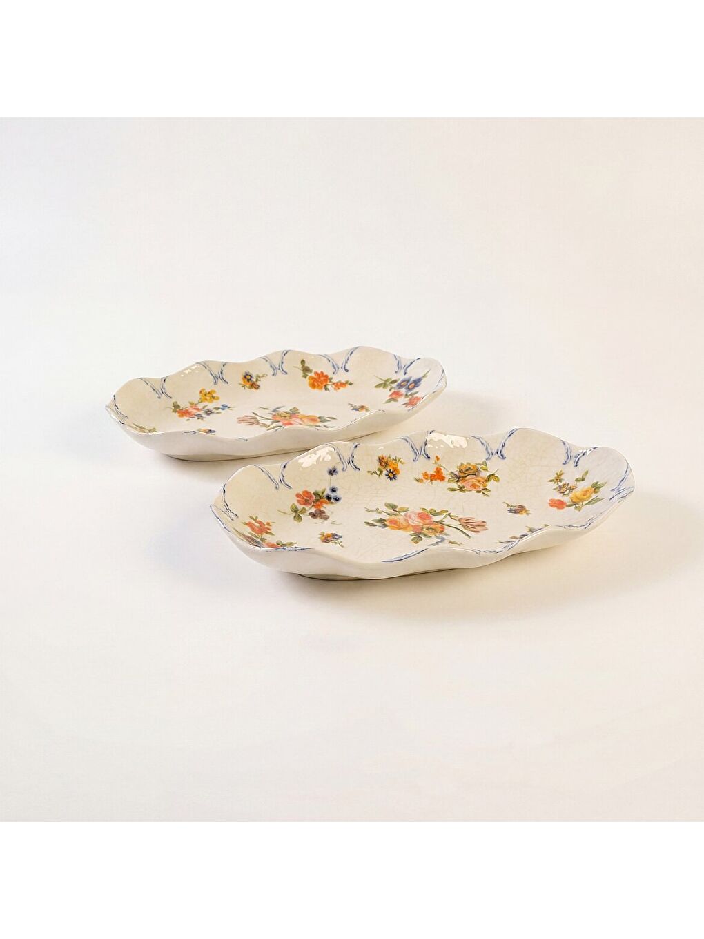 Ekru Nesrin Çiçek Desenli 24 cm 2li Porselen Kayık Tabak Seti-4