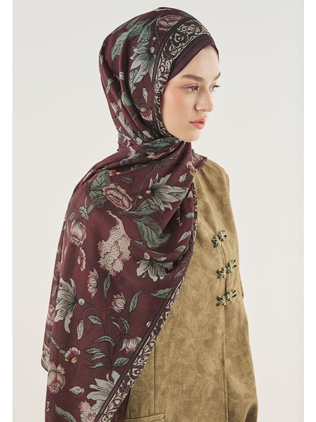 Pure Ethnic Desen Soft Viskon Şal Mürdüm-2
