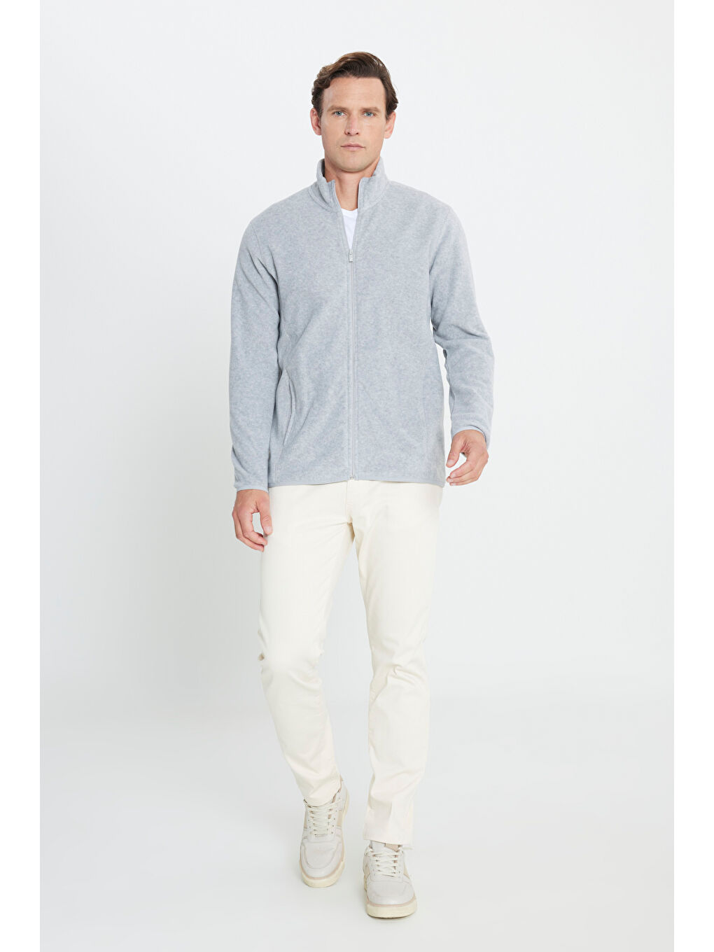 Erkek Gri Melanj Anti-Pilling Tüylenme Yapmayan Standart Fit Bato Yaka Sweatshirt Polar Ceket-1