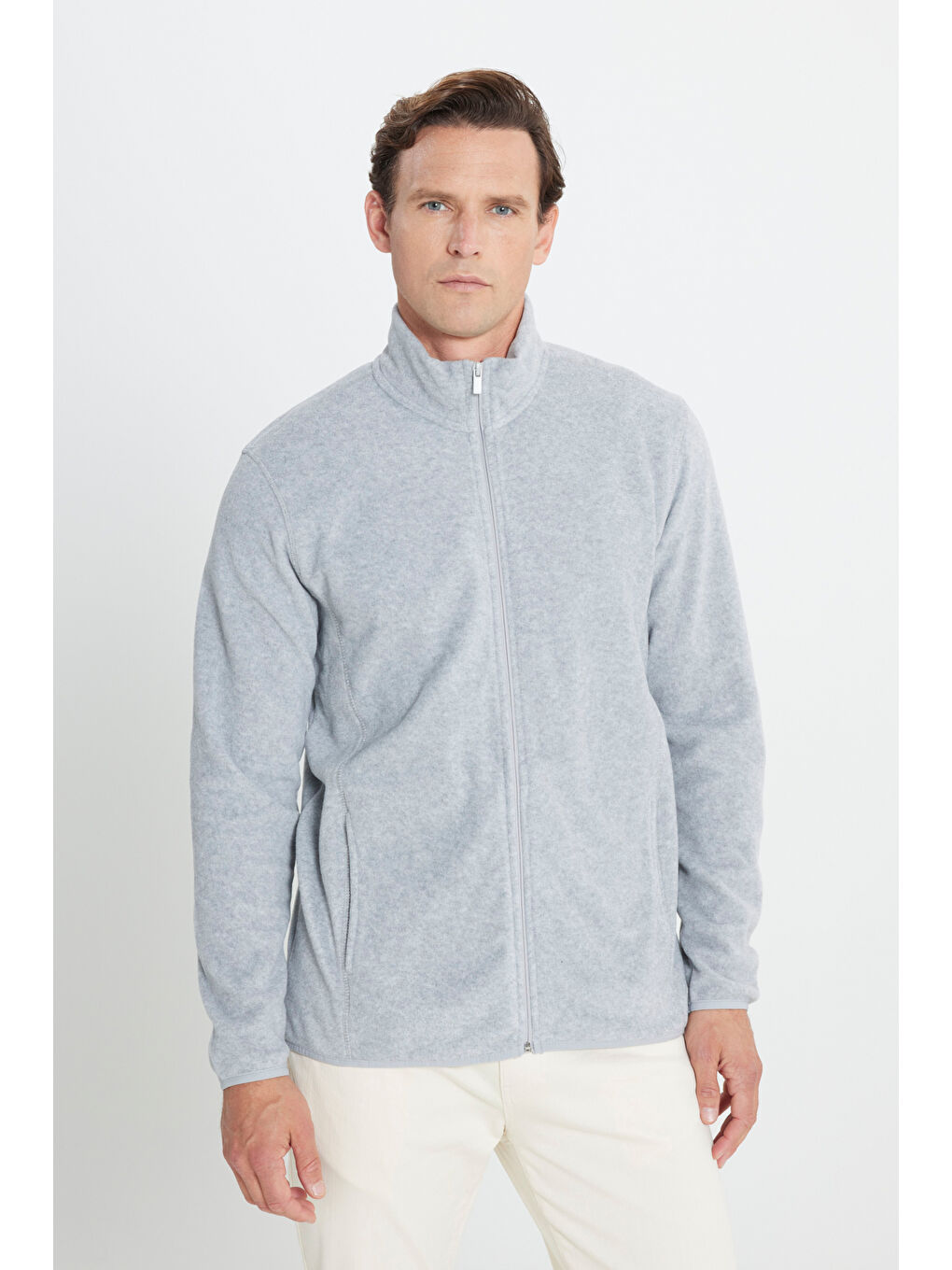 Erkek Gri Melanj Anti-Pilling Tüylenme Yapmayan Standart Fit Bato Yaka Sweatshirt Polar Ceket-2