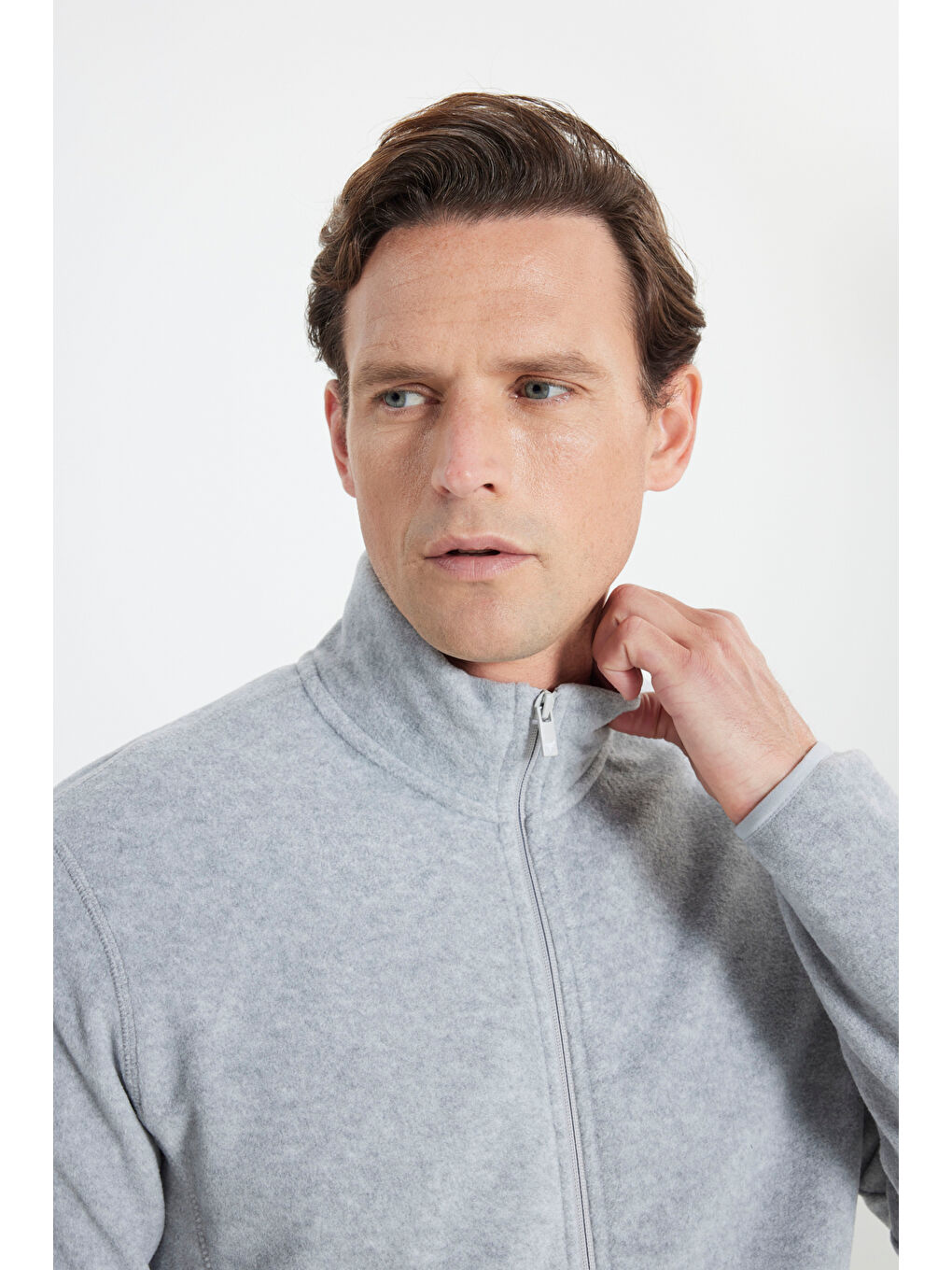 Erkek Gri Melanj Anti-Pilling Tüylenme Yapmayan Standart Fit Bato Yaka Sweatshirt Polar Ceket-3