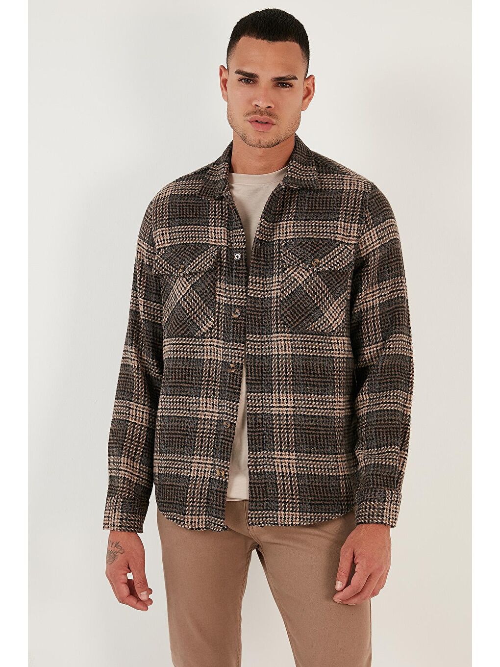 Kahverengi Desenli Regular Fit Çift Cepli Oduncu Kışlık Gömlek CF24W197135-2