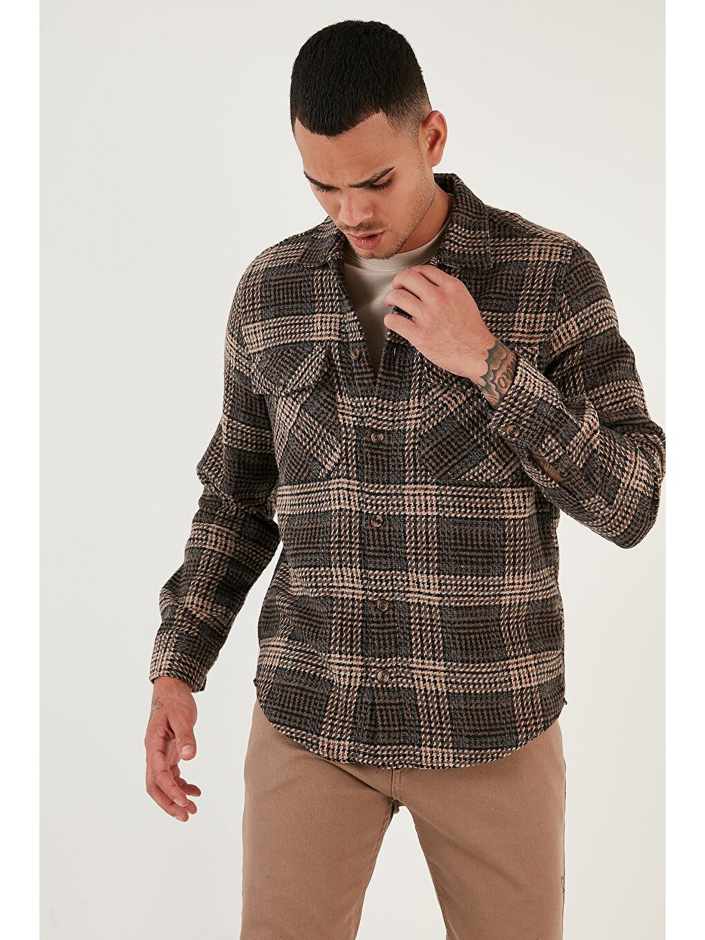 Kahverengi Desenli Regular Fit Çift Cepli Oduncu Kışlık Gömlek CF24W197135-3