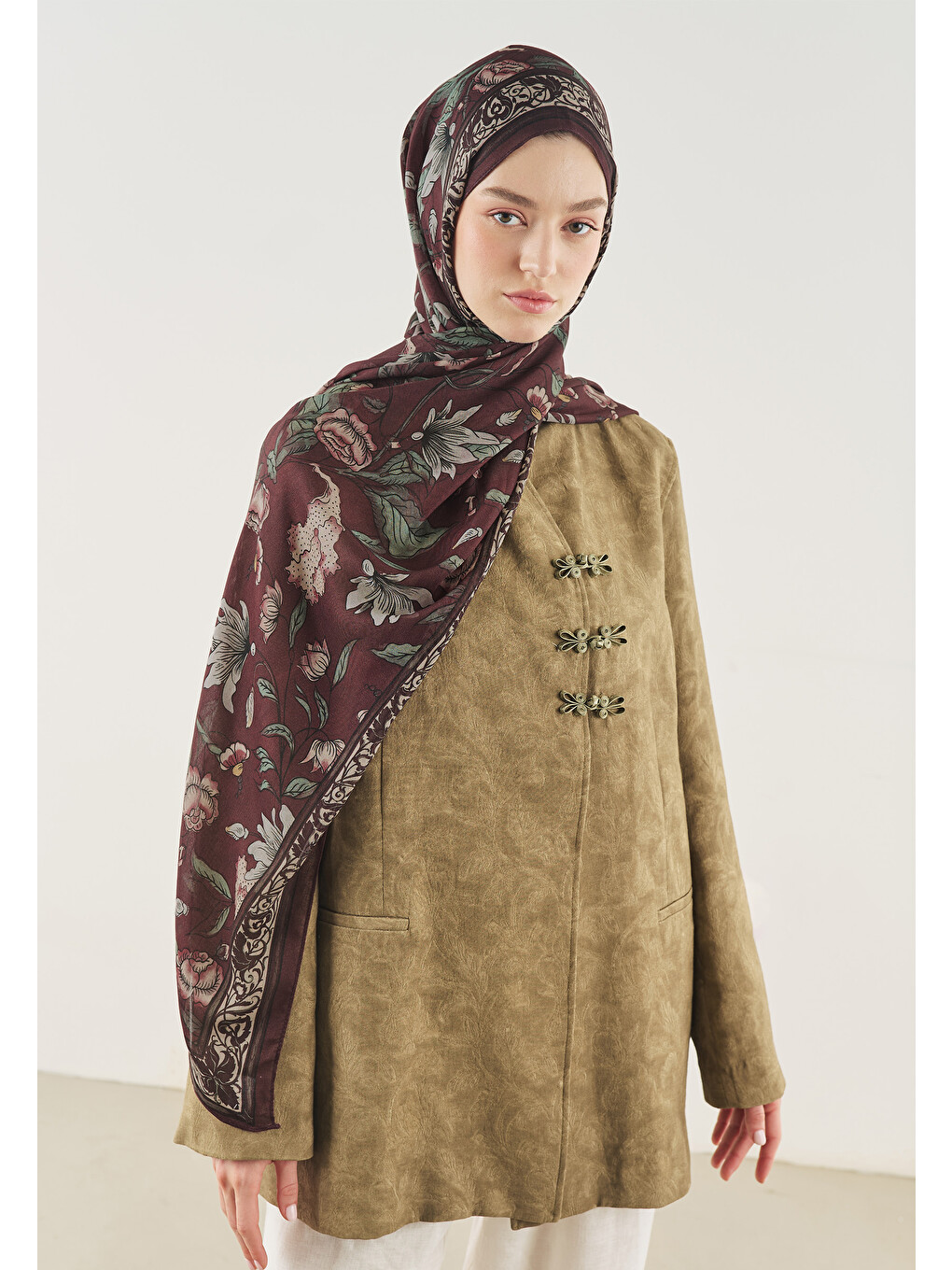 Pure Ethnic Desen Soft Viskon Şal Mürdüm-1
