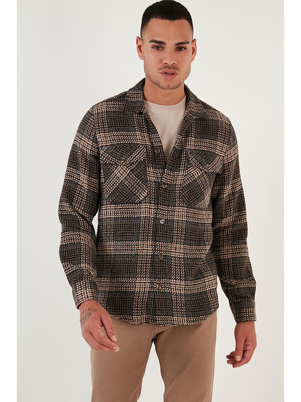 Kahverengi Desenli Regular Fit Çift Cepli Oduncu Kışlık Gömlek CF24W197135-4