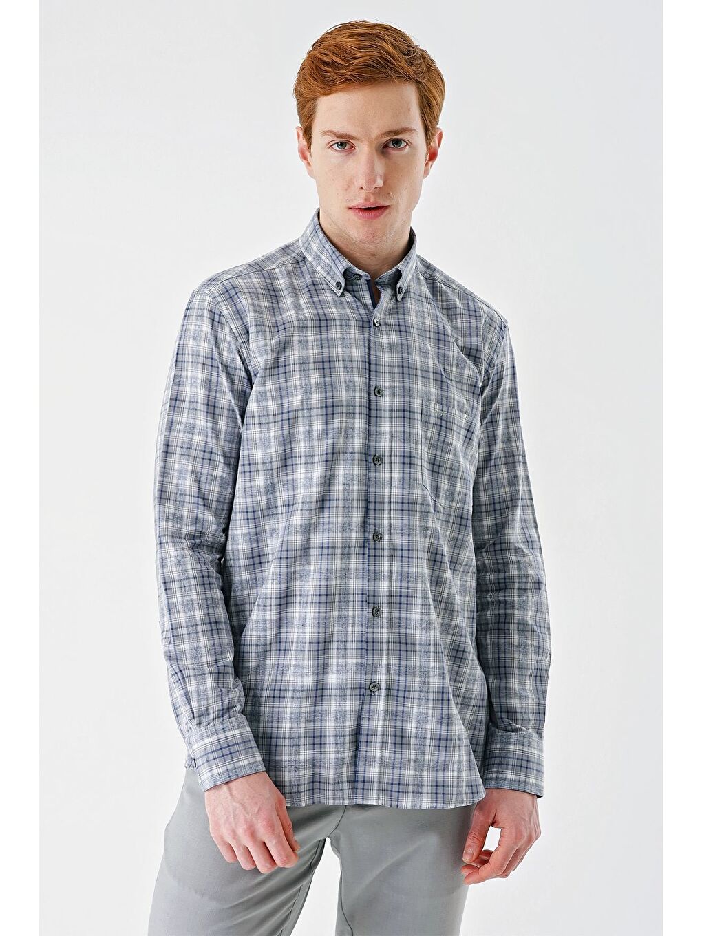 Gri Uzun Kollu Ekoseli Cepli Garnili Pamuklu Klasik Comfort Fit Rahat Kesim Gömlek 1004240194