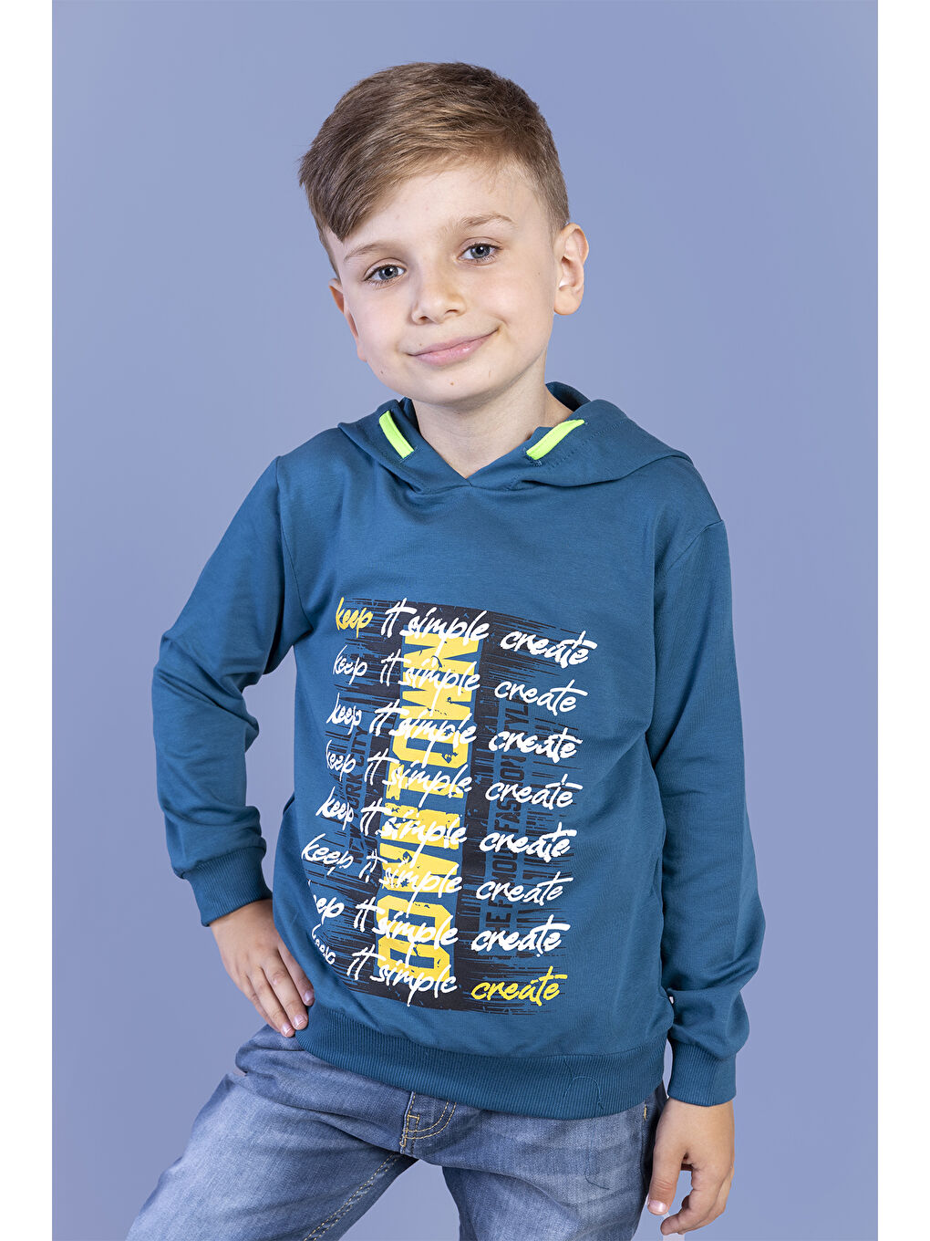 Toontoykids Petrol-Mavi Erkek Çocuk Kapüşonlu Baskılı Sweatshirt