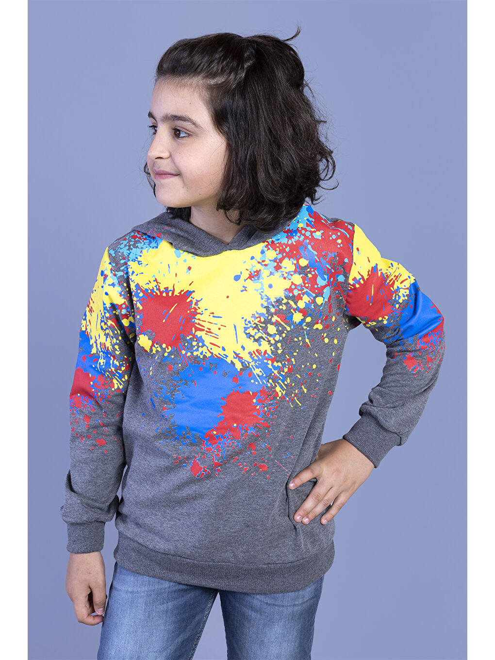 Toontoykids Antrasit Erkek Çocuk Kapüşonlu Renkli Püskürtme Baskılı Sweatshirt