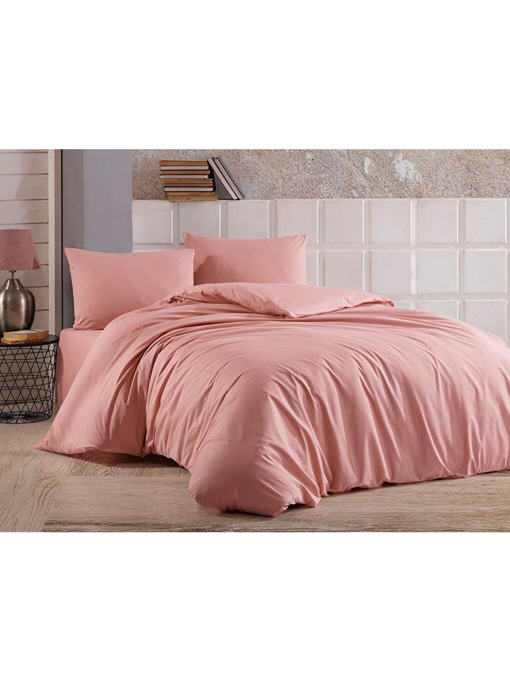 Pembe Almond Lastikli Çarşaflı Çift Kişilik Nevresim Takımı Pudra