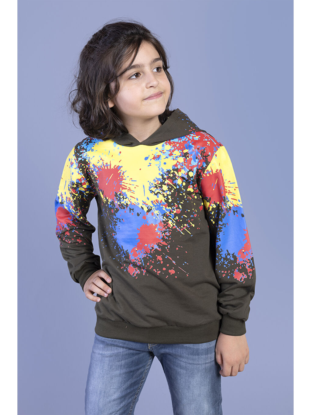 Toontoykids Haki Erkek Çocuk Kapüşonlu Renkli Püskürtme Baskılı Sweatshirt