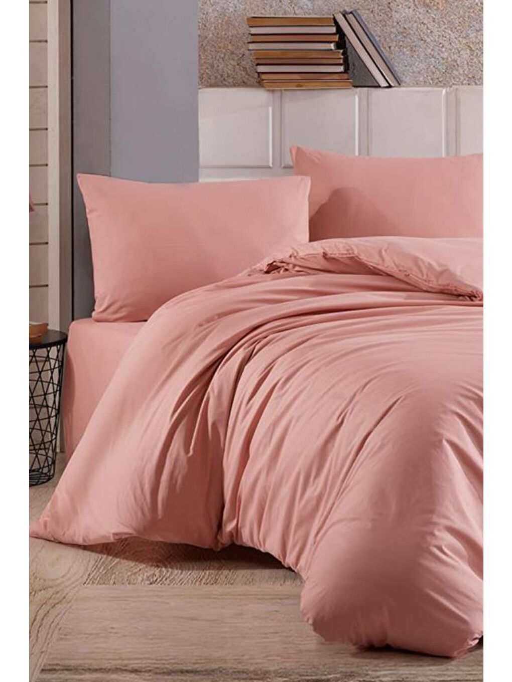 Pembe Almond Lastikli Çarşaflı Çift Kişilik Nevresim Takımı Pudra-1