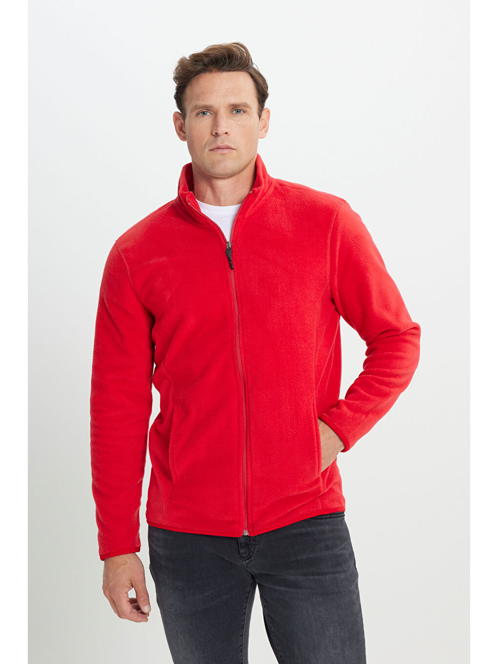 Erkek Kırmızı Anti-Pilling Tüylenme Yapmayan Standart Fit Bato Yaka Sweatshirt Polar Ceket-2