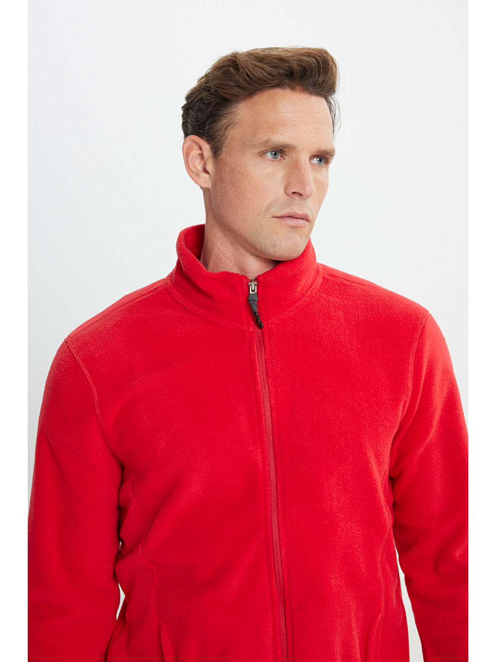 Erkek Kırmızı Anti-Pilling Tüylenme Yapmayan Standart Fit Bato Yaka Sweatshirt Polar Ceket-3