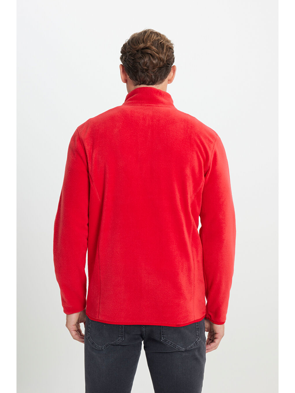 Erkek Kırmızı Anti-Pilling Tüylenme Yapmayan Standart Fit Bato Yaka Sweatshirt Polar Ceket-4