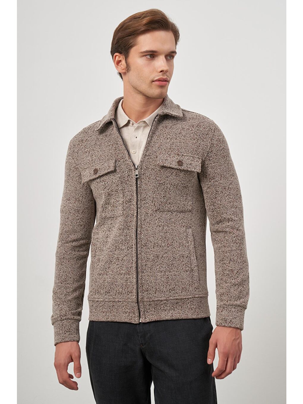 Kahverengi Taba Örme Bebe Yaka Kendinden Desenli Yırtmaçsız Astarsız Slim Fit Classic Mont 1007245156-3