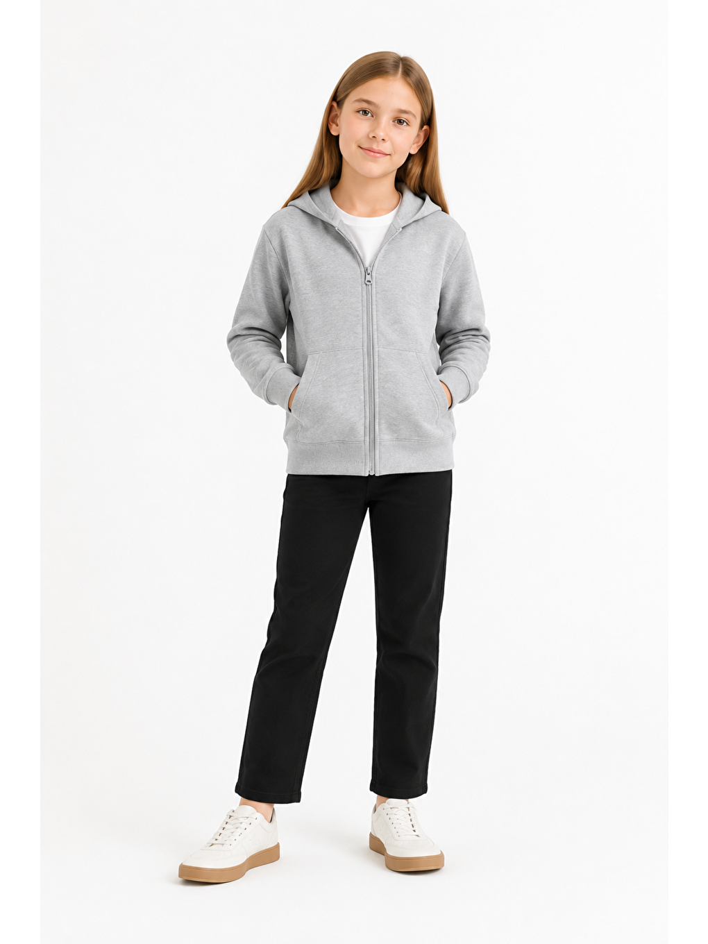 Gri Kız Çocuk Basic Fermuarlı Kalın 3 İplik Kışlık Okul Sweat Ak264495