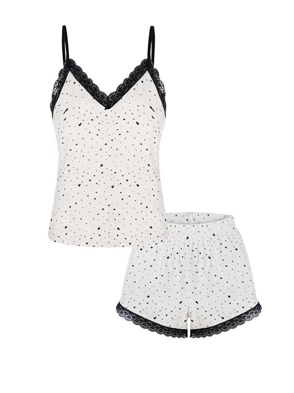 Siyah Kadın Pamuklu Kalp Desenli Askılı Dantelli Şortlu Pijama Takımı-1