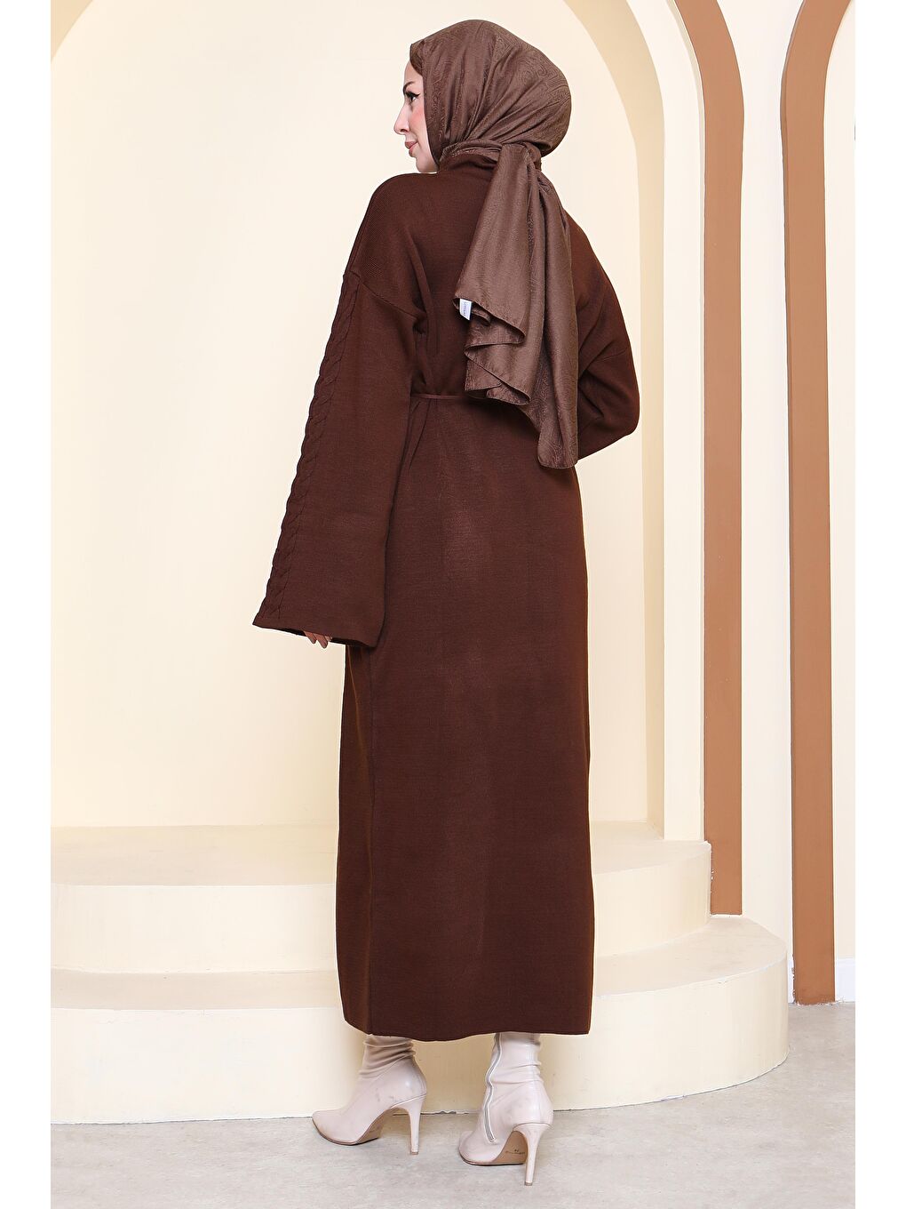 Kahverengi Kolda Örgü Detaylı Triko Elbise Kahve - 27925-KAHVE-1