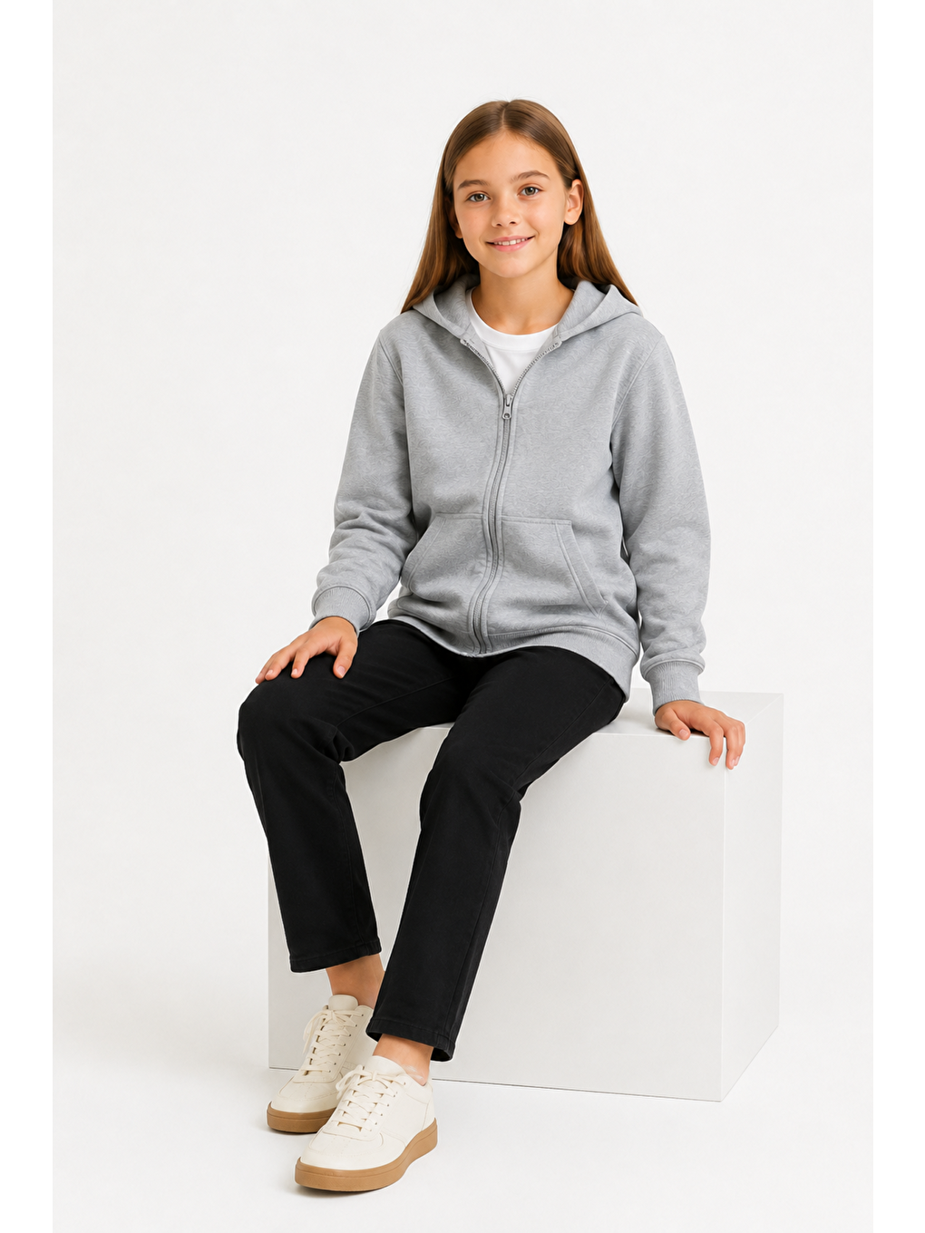 Gri Kız Çocuk Basic Fermuarlı Kalın 3 İplik Kışlık Okul Sweat Ak264495-1