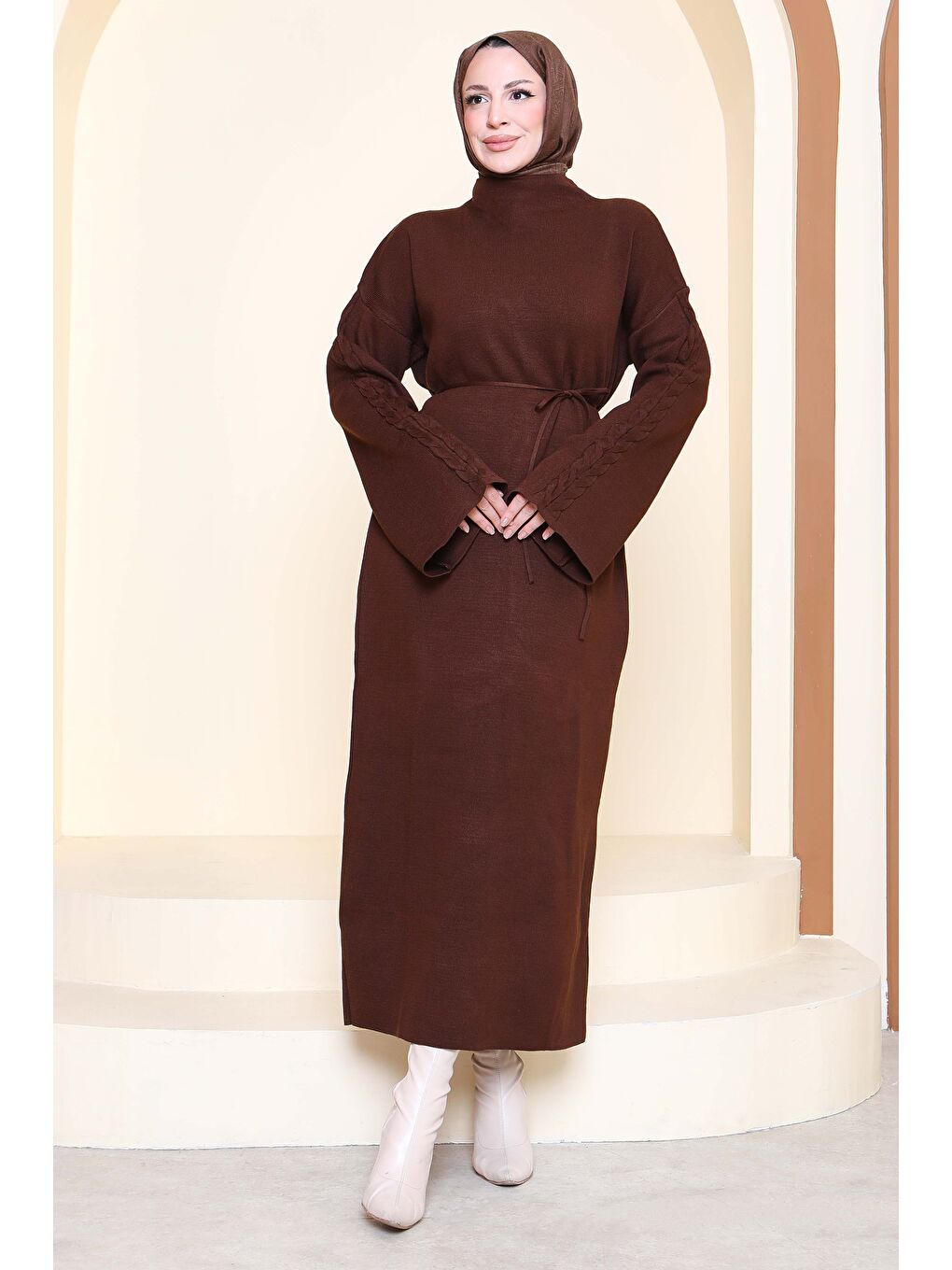 Kahverengi Kolda Örgü Detaylı Triko Elbise Kahve - 27925-KAHVE-3