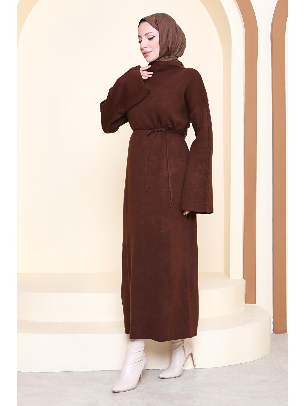 Kahverengi Kolda Örgü Detaylı Triko Elbise Kahve - 27925-KAHVE-5