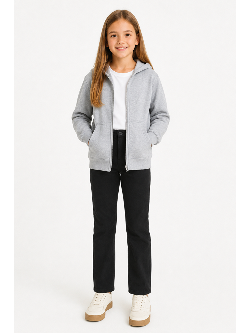 Gri Kız Çocuk Basic Fermuarlı Kalın 3 İplik Kışlık Okul Sweat Ak264495-2
