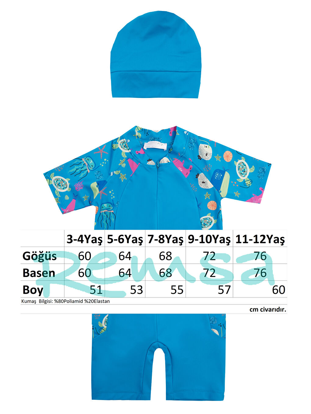 UV Korumalı Kısa Kollu Tulum Bebek Çocuk Yüzücü Mayo 1910 Mavi-2