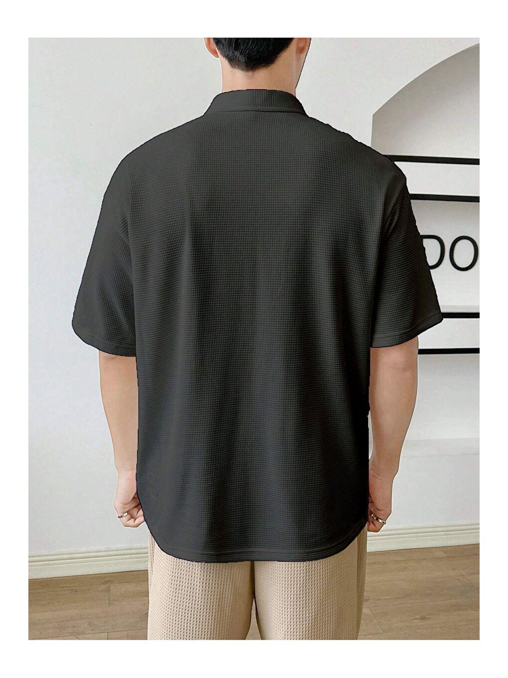 GENIUS STORE Füme Erkek Oversize Polo Yaka Waffle T-Shirt - 2