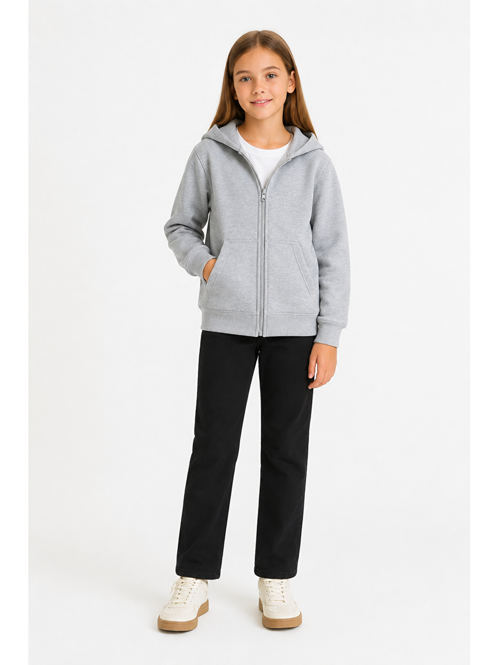 Gri Kız Çocuk Basic Fermuarlı Kalın 3 İplik Kışlık Okul Sweat Ak264495-3
