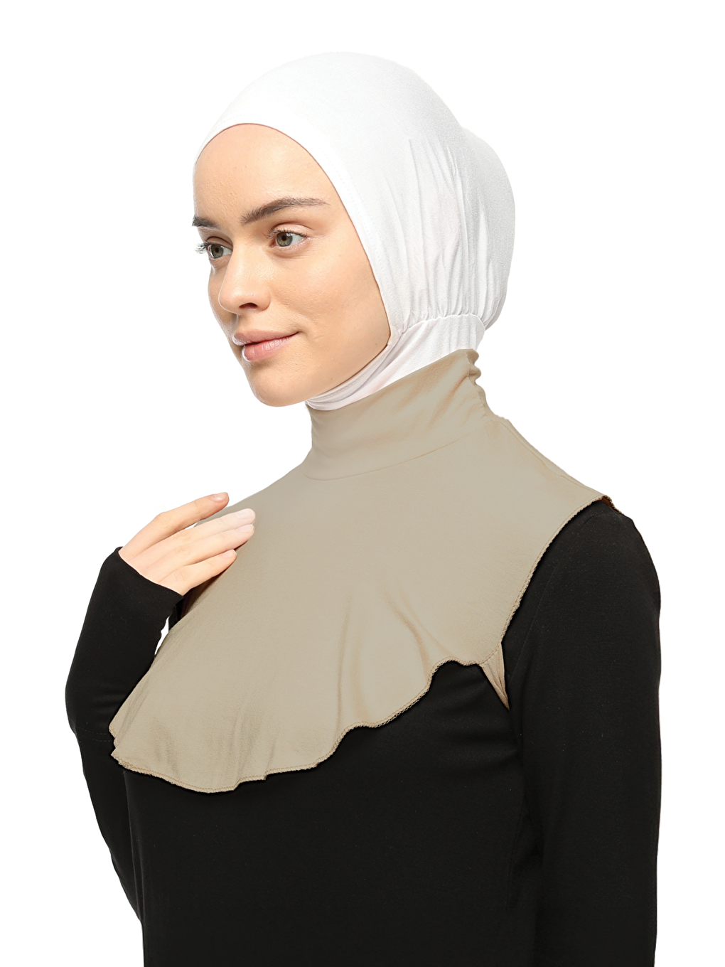 Bej Düz Balıkçı Yaka Boğazlı Penye Tesettür Boyunluk-2