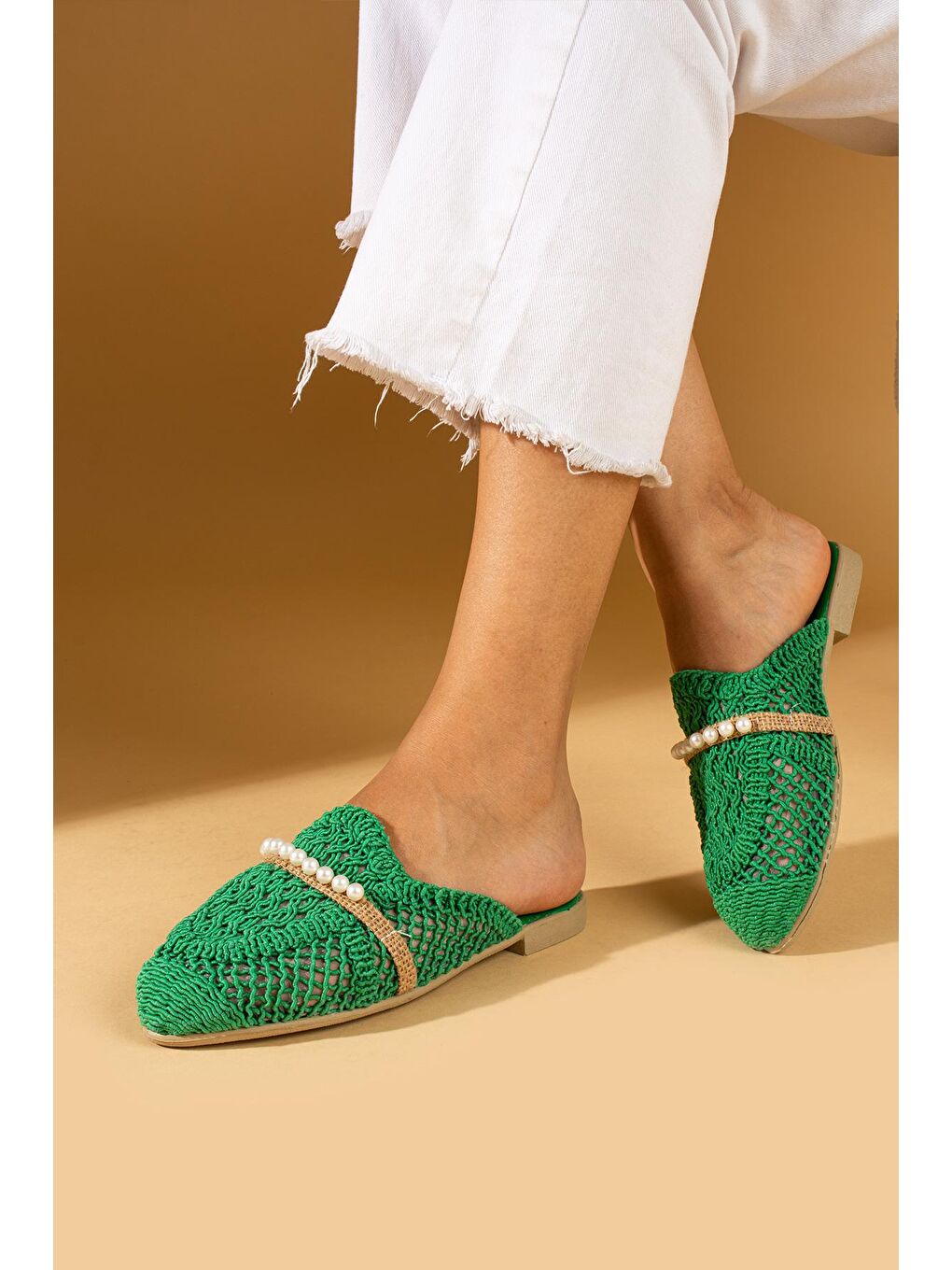 Yeşil Örgü Desen Dantelli İnci Taşlı Kadın Terlik 001-3-24