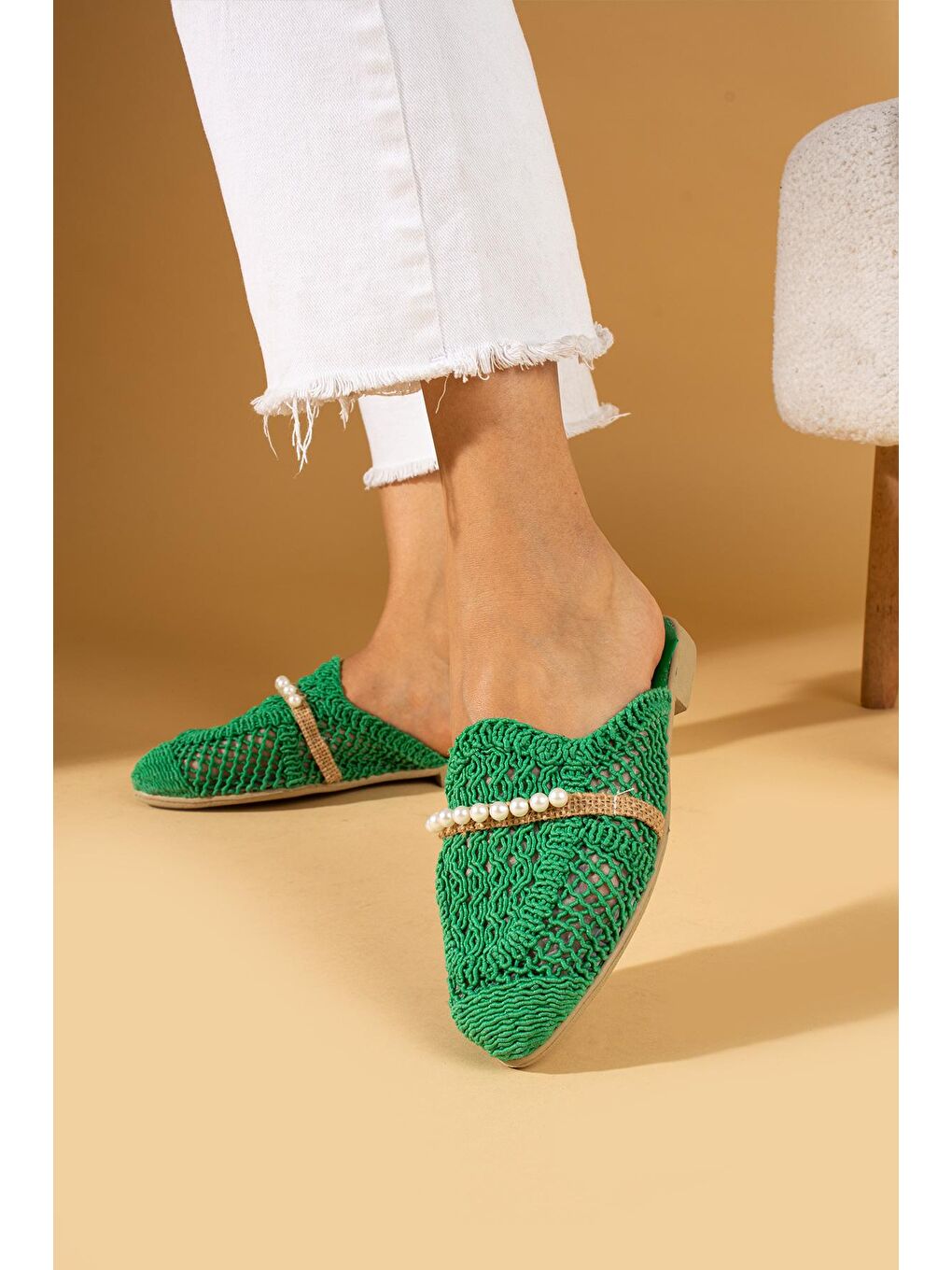 Yeşil Örgü Desen Dantelli İnci Taşlı Kadın Terlik 001-3-24-1
