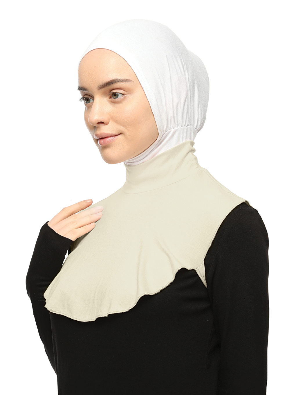 Ekru Düz Balıkçı Yaka Boğazlı Penye Tesettür Boyunluk-1