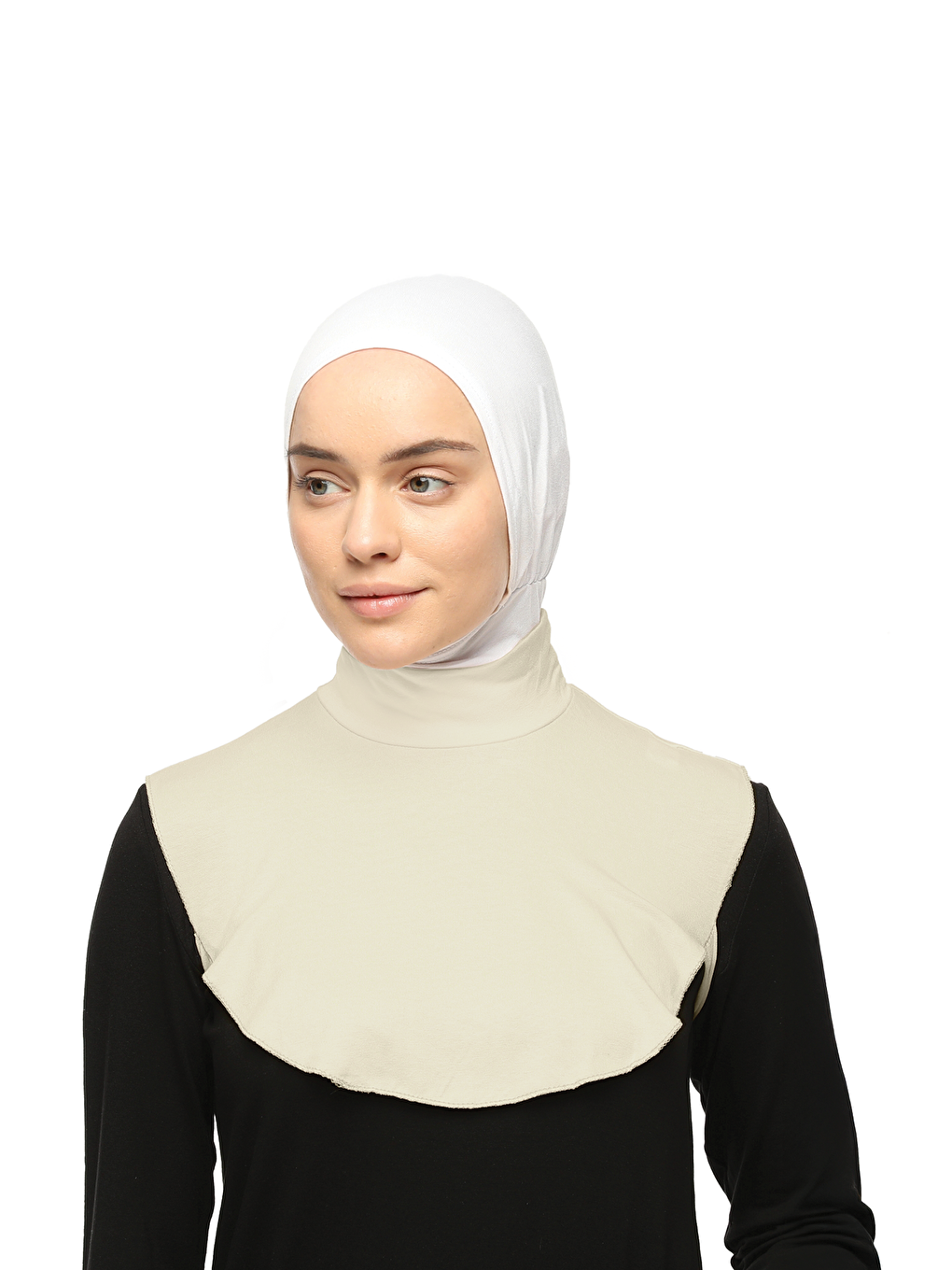 Ekru Düz Balıkçı Yaka Boğazlı Penye Tesettür Boyunluk-3