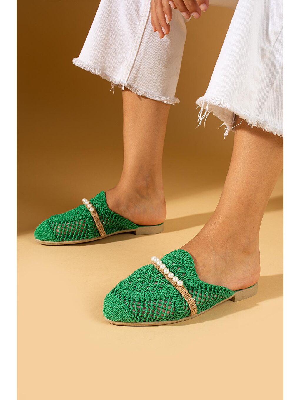 Yeşil Örgü Desen Dantelli İnci Taşlı Kadın Terlik 001-3-24-2