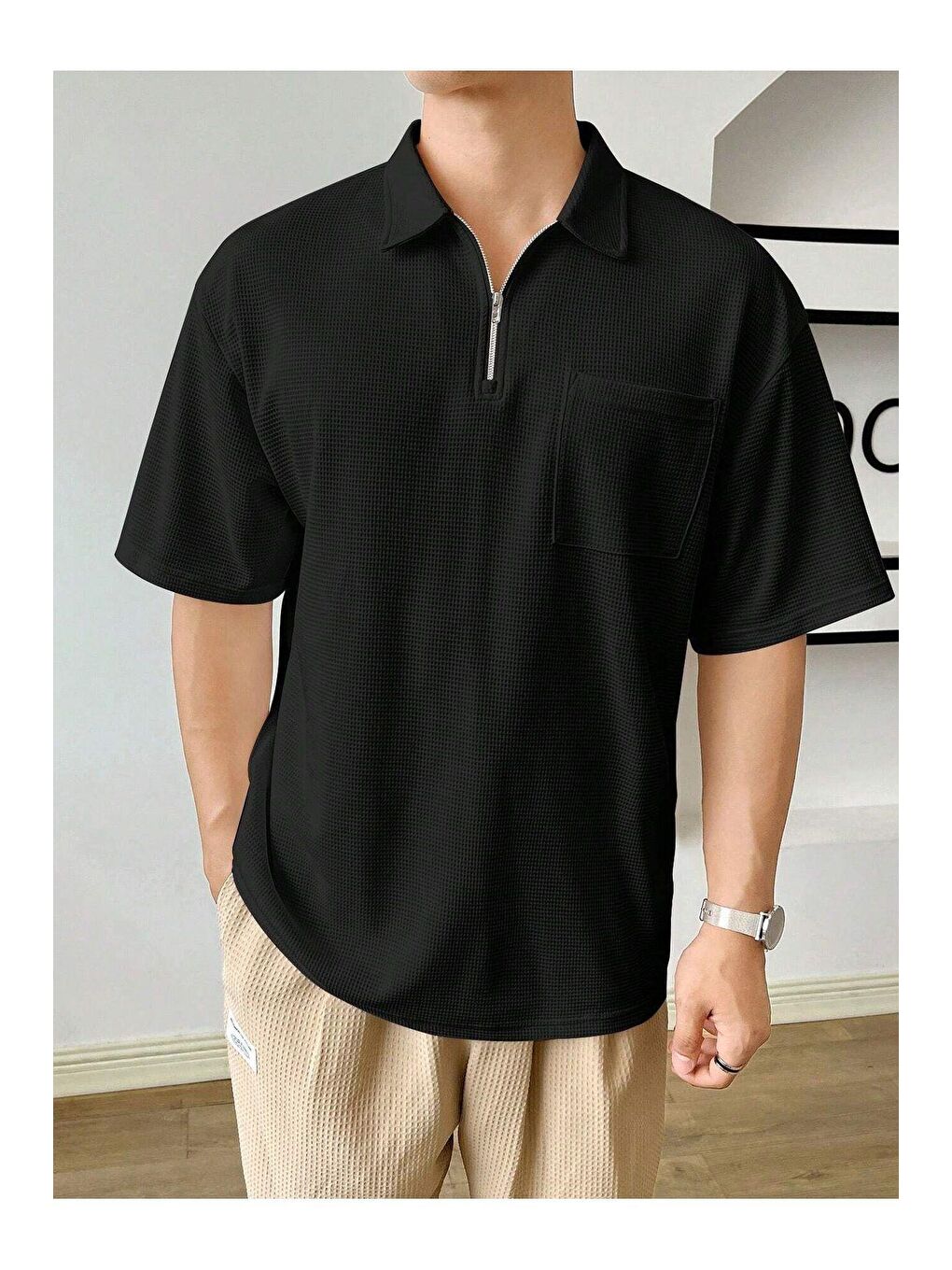 GENIUS STORE Siyah Erkek Oversize Polo Yaka Waffle T-Shirt