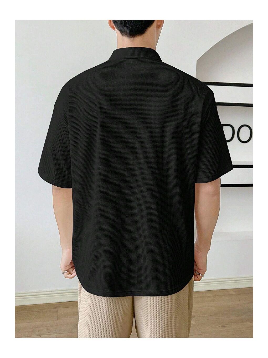 GENIUS STORE Siyah Erkek Oversize Polo Yaka Waffle T-Shirt - 2