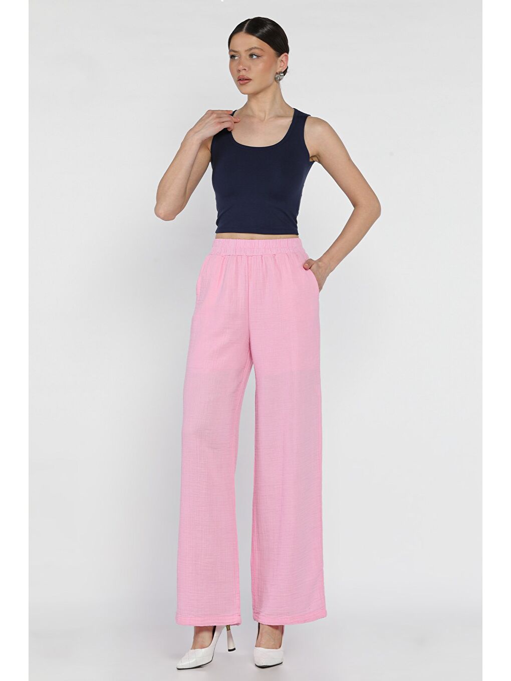 Pembe Kadın Bel Lastikli Bol Paça Pantolon-1