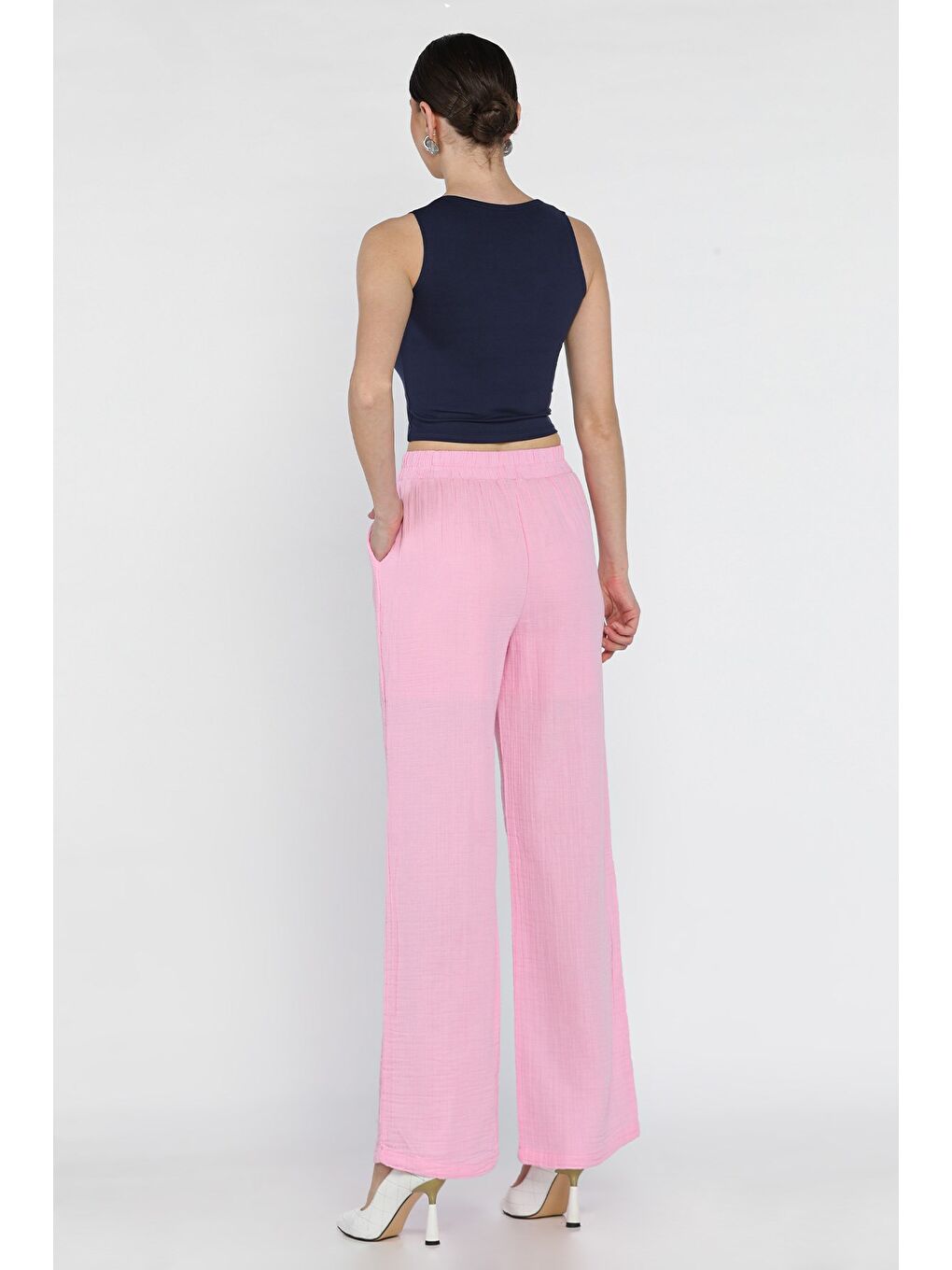 Pembe Kadın Bel Lastikli Bol Paça Pantolon-2